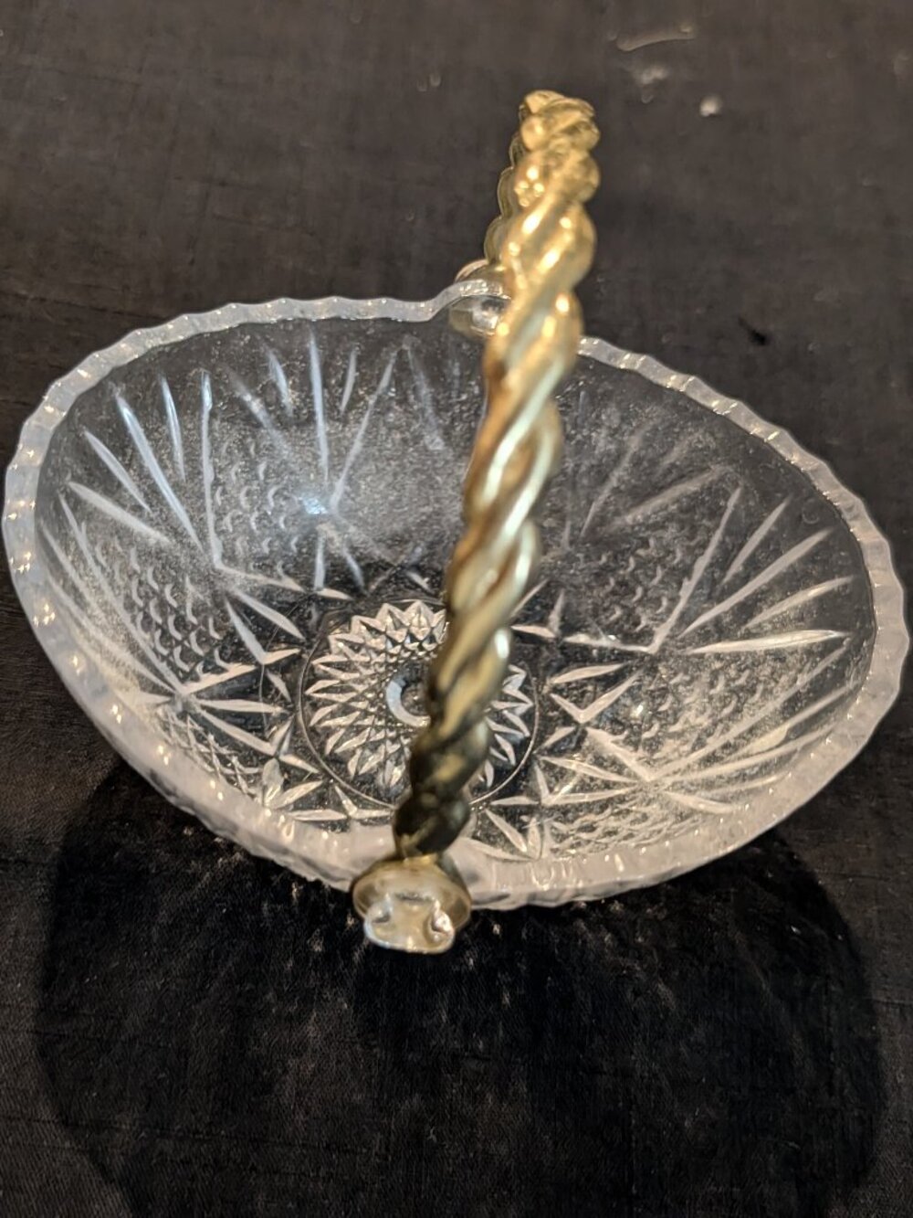 Vintage Crystal Glass Basket Oval Candy Dish Gold Twisted Metal Handle Hobnail